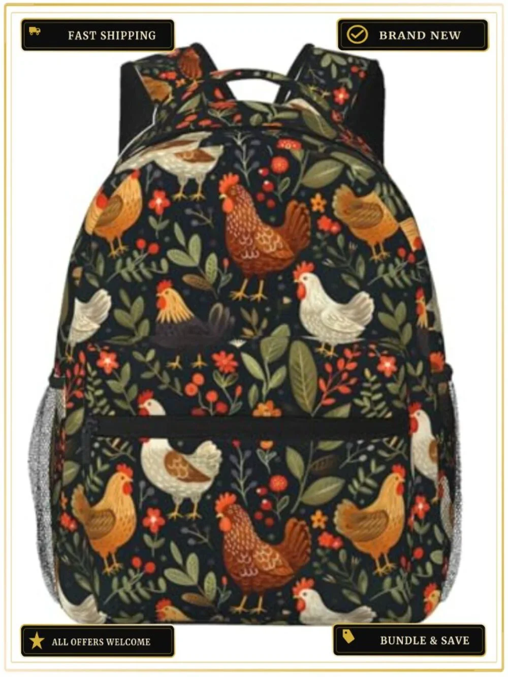 Vintage Floral Chicken Backpack for Women Girls Laptop Travel Camping Hiking